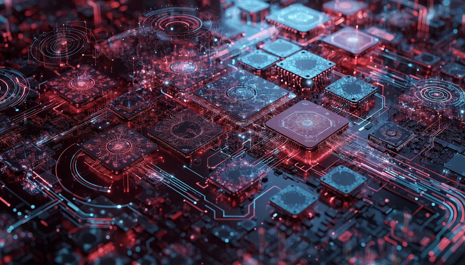 Placa de circuito con chips IA y flujos de datos luminosos representando automatizaciones