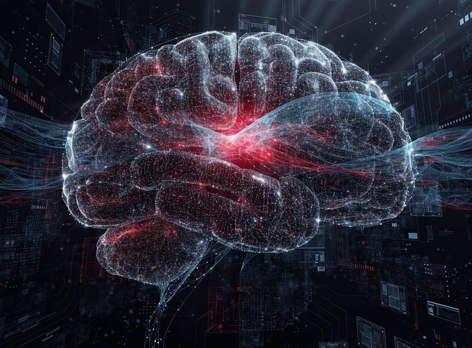 Visualizacion futurista de red neuronal de inteligencia artificial con nodos brillantes y datos holograficos